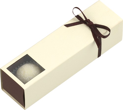 4er Stange "Sekt-Trüffel" von Schell Schokoladen befinden sich in einer beigen Schachtel mit einem braunem Band oben rum die zur einer Schleife gebunden ist