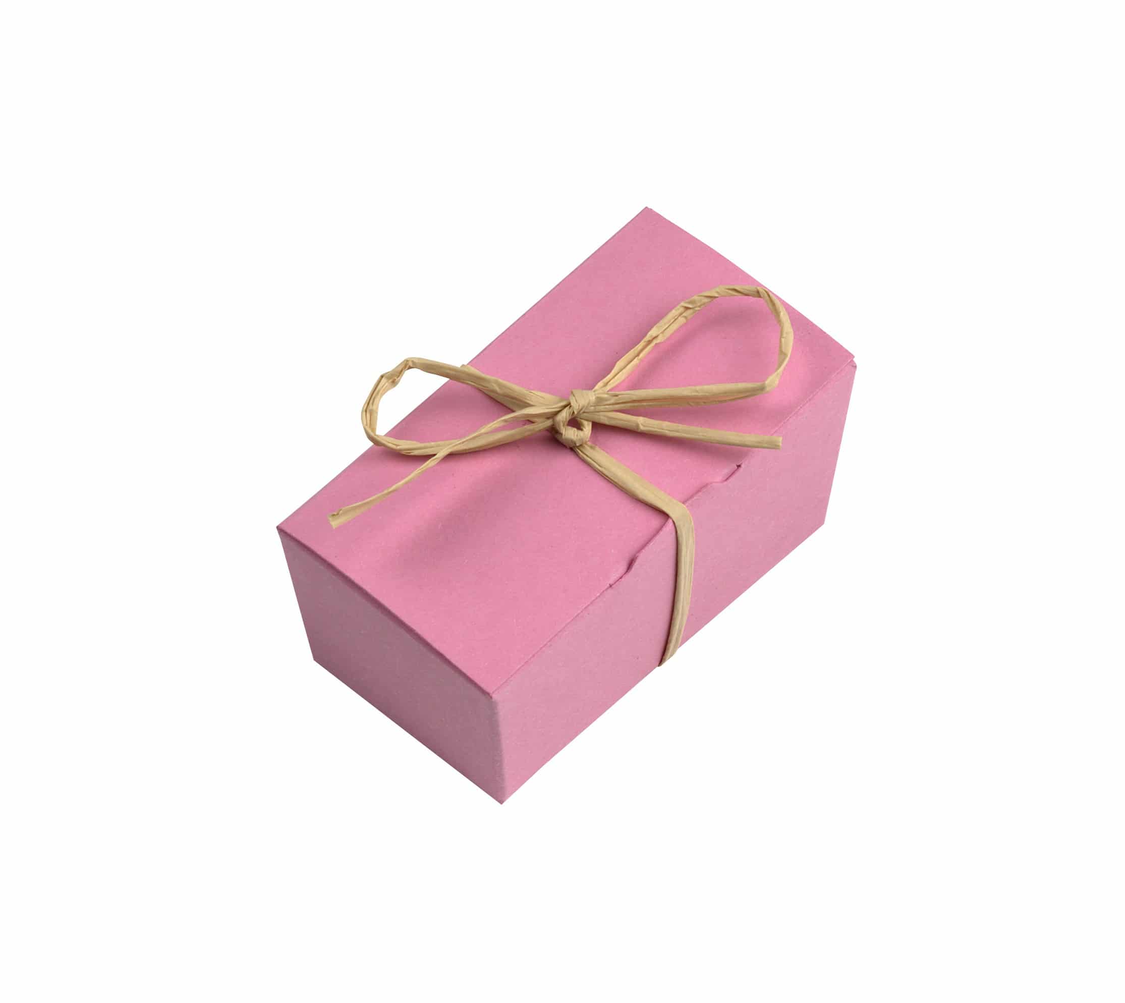 2er Schatulle "Rosenzauber" von Schell Schokoladen hat eine pinke Verpackung mit einer pinken Schleife an einem Strohband.
