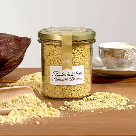 Die Trinkschokolade Inkagold Blanche enthält neben der Kakaobutter auch Gewürze wie Safran.