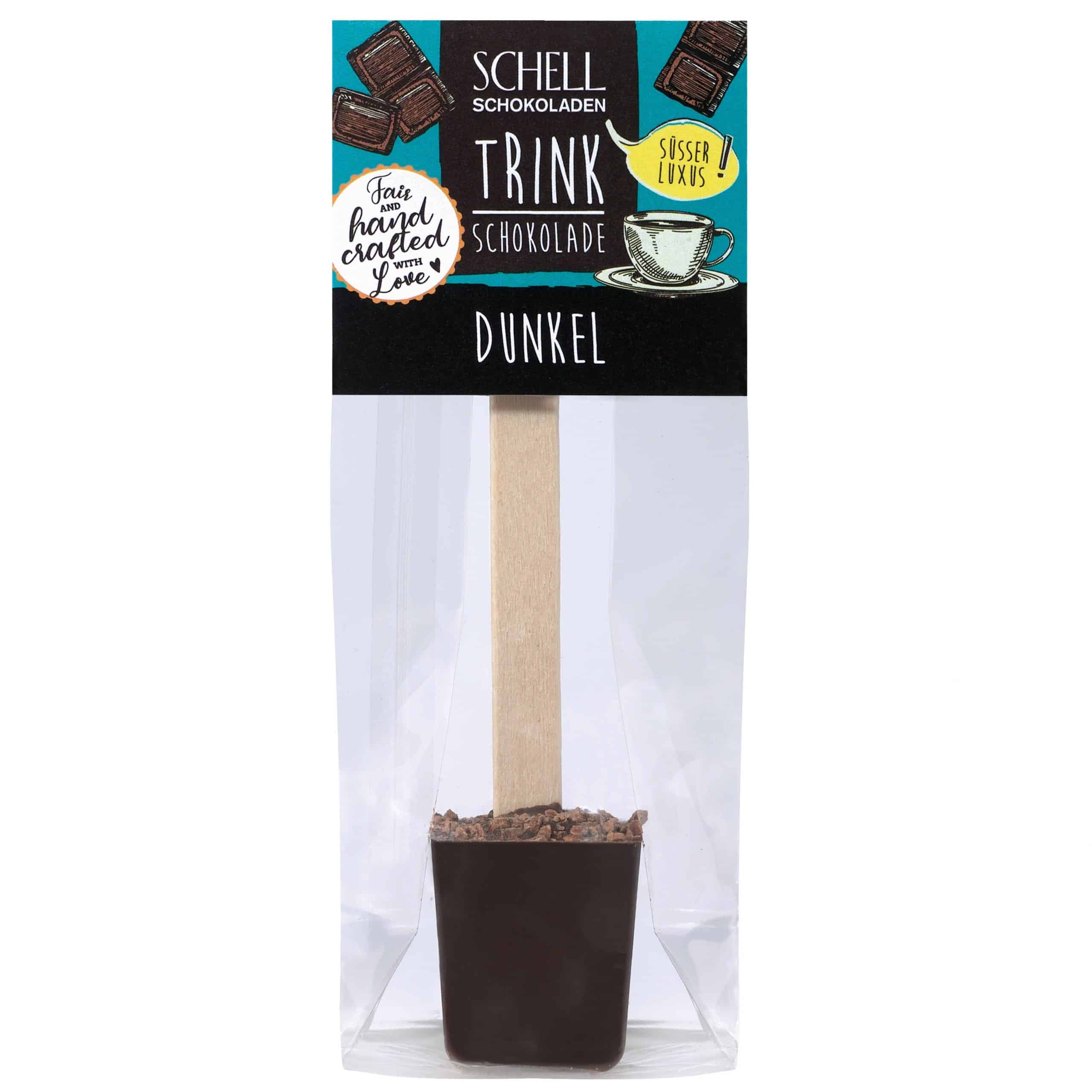 Der Trinkschokoladen Stick Dunkel wird mit edelherber Schokolade (70 %) hergestellt von Schell Schokoladen.